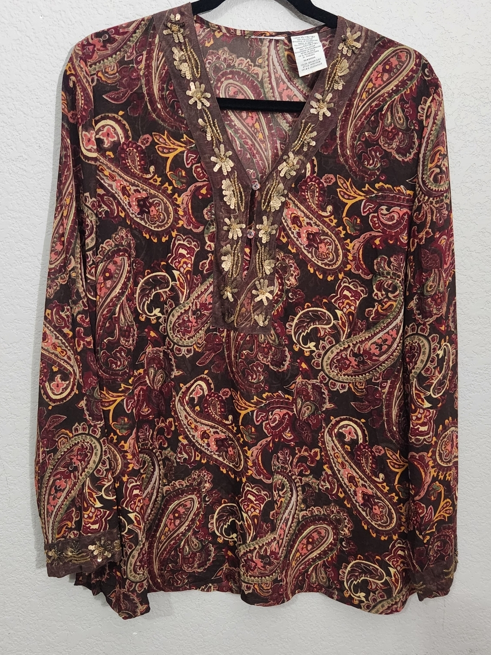 Paisley Embroidered V-Neck Blouse - Brown/Multi
